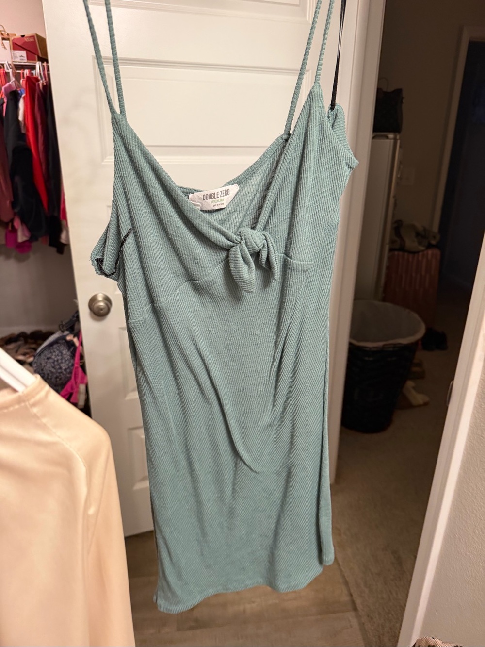Double Zero Sage Green Ribbed Knot-Front Spaghetti Strap Dress